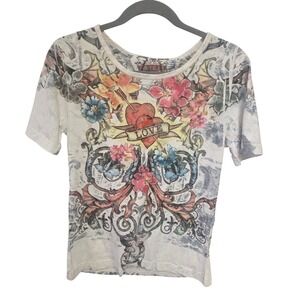MODA Y2K USA Tattoo Heart Floral Graphic T Shirt Womens Large White Short Sleeve